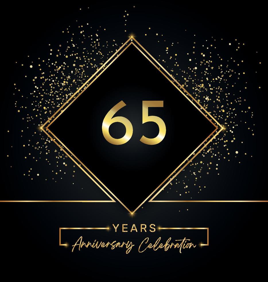 65 years anniversary celebration with golden frame and gold glitter on black background. Vector design for greeting card, birthday party, wedding, event party, invitation. 65 years Anniversary logo.