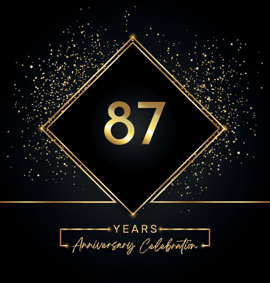 87 years anniversary celebration with golden frame and gold glitter on black background. Vector design for greeting card, birthday party, wedding, event party, invitation. 87 years Anniversary logo.