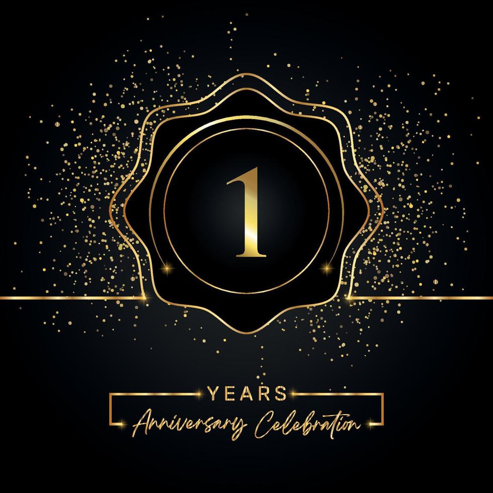 Celebración del aniversario de 1 año con marco de estrella dorada aislado en fondo negro. diseño vectorial para tarjeta de felicitación, fiesta de cumpleaños, boda, fiesta de evento, tarjeta de invitación. Logotipo de aniversario de 1 año. vector
