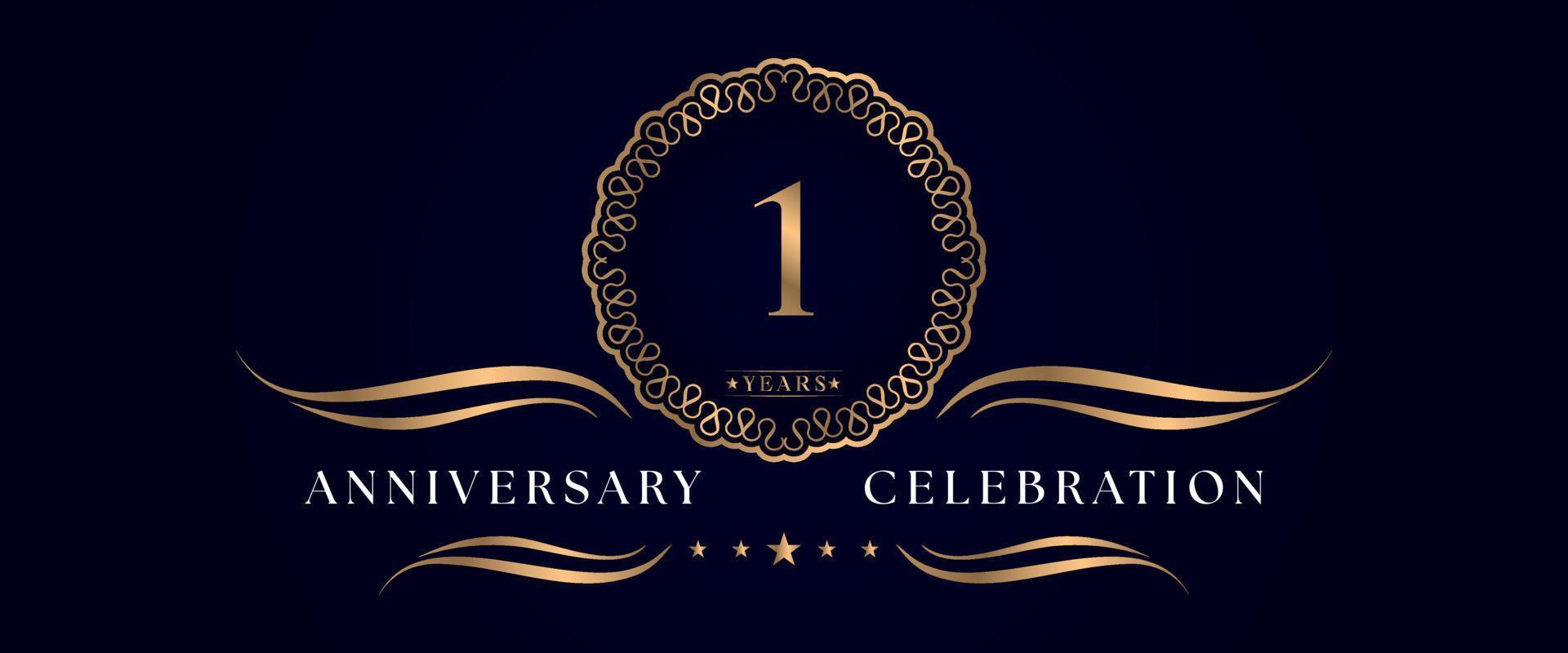 1 years anniversary celebration with elegant circle frame isolated on dark blue background. Vector design for greeting card, birthday party, wedding, event party, ceremony. 1 years Anniversary logo.