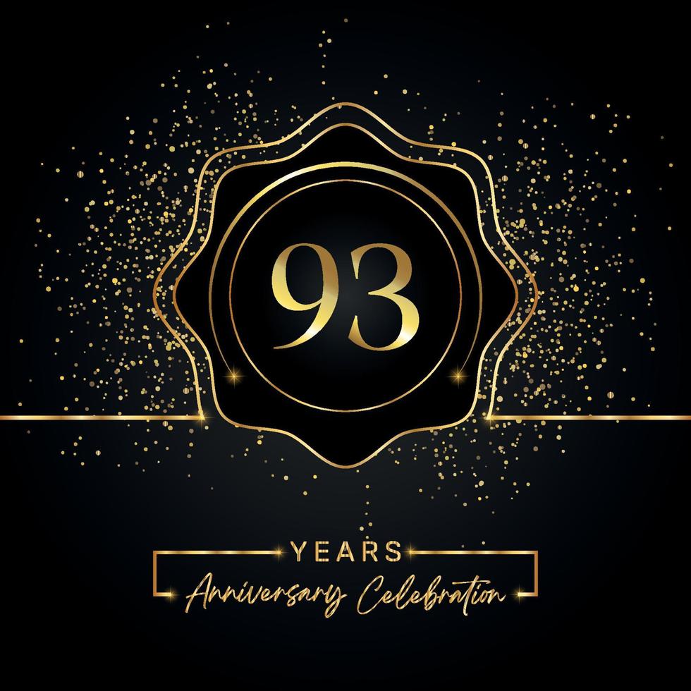 93 years anniversary celebration with golden star frame isolated on black background. Vector design for greeting card, birthday party, wedding, event party, invitation card. 93 years Anniversary logo.