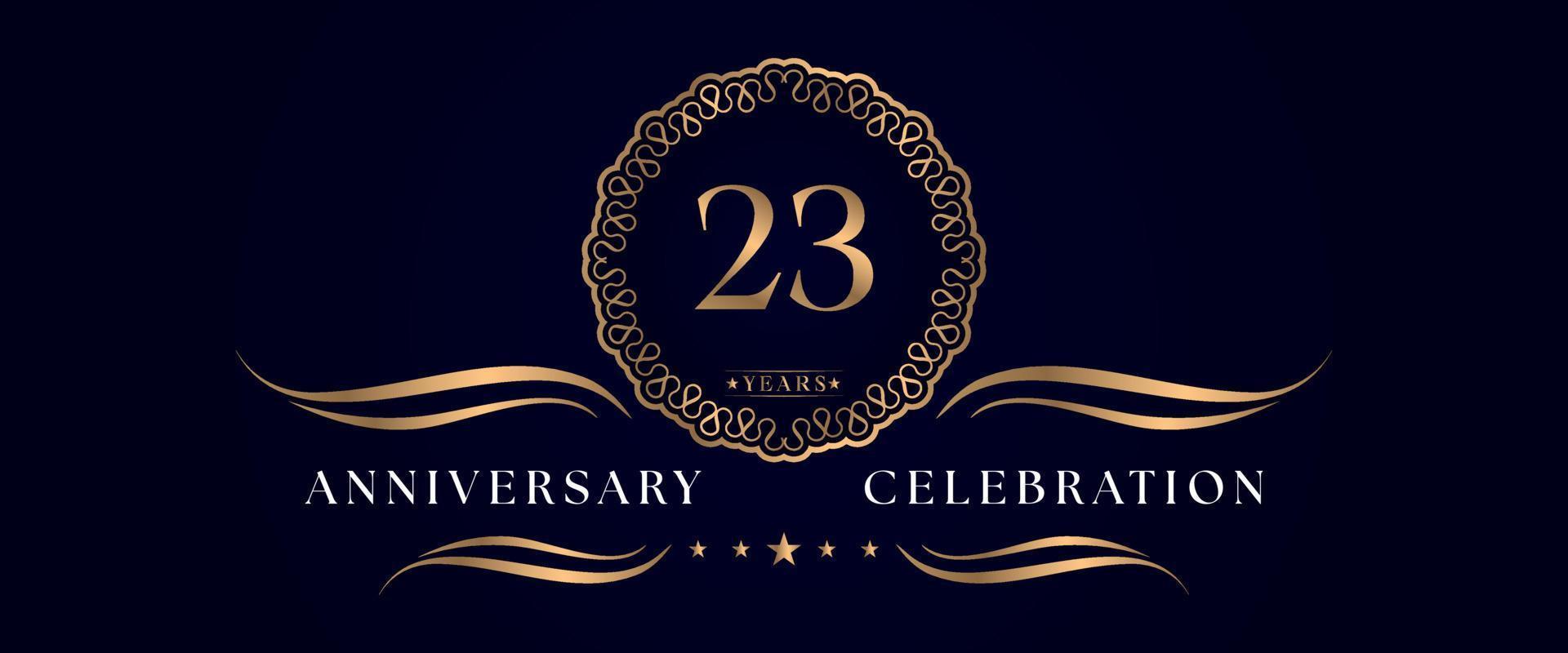 23 years anniversary celebration with elegant circle frame isolated on dark blue background. Vector design for greeting card, birthday party, wedding, event party, ceremony. 23 years Anniversary logo.