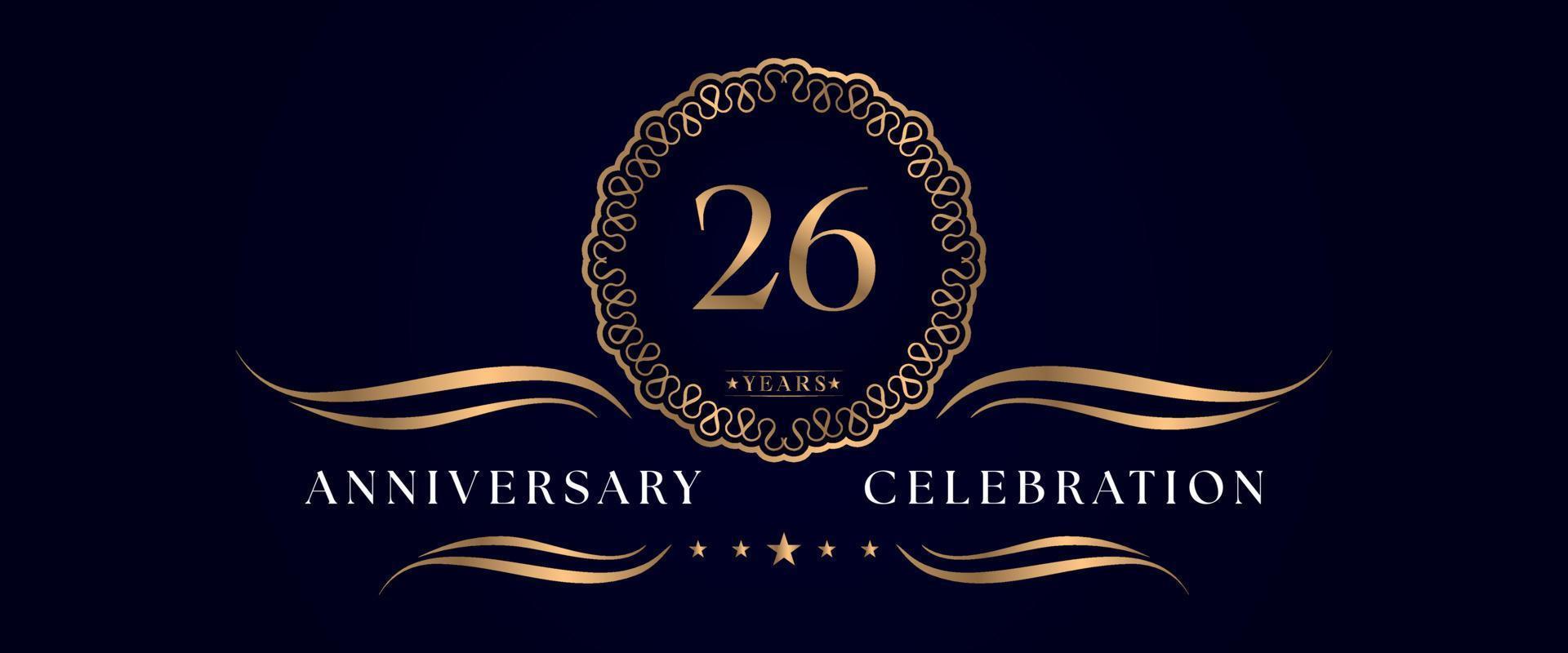 26 years anniversary celebration with elegant circle frame isolated on dark blue background. Vector design for greeting card, birthday party, wedding, event party, ceremony. 26 years Anniversary logo.
