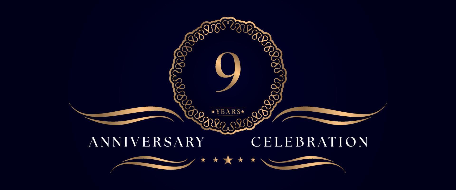 9 years anniversary celebration with elegant circle frame isolated on dark blue background. Vector design for greeting card, birthday party, wedding, event party, ceremony. 9 years Anniversary logo.