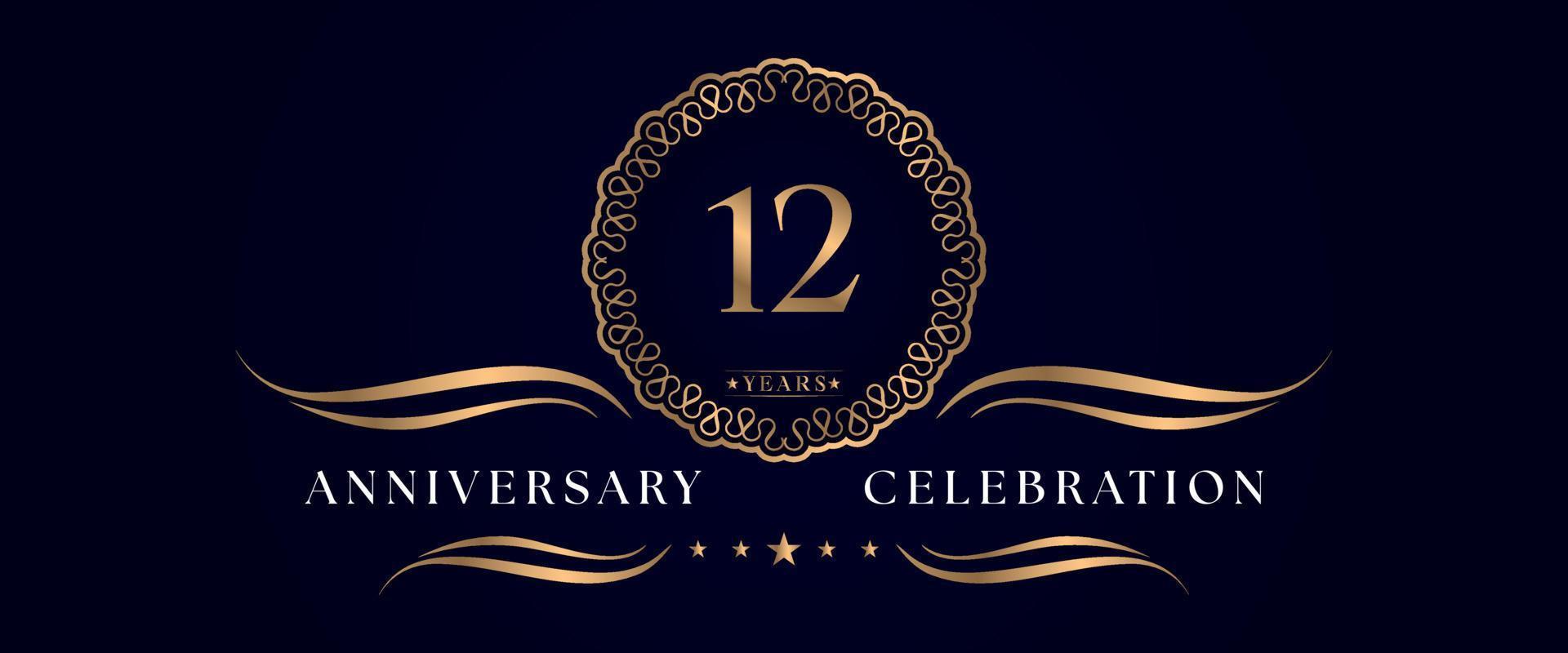 12 years anniversary celebration with elegant circle frame isolated on dark blue background. Vector design for greeting card, birthday party, wedding, event party, ceremony. 12 years Anniversary logo.