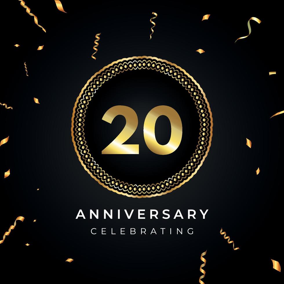 20 years anniversary celebration with circle frame and gold confetti isolated on black background. Vector design for greeting card, birthday party, wedding, event party. 20 years Anniversary logo.