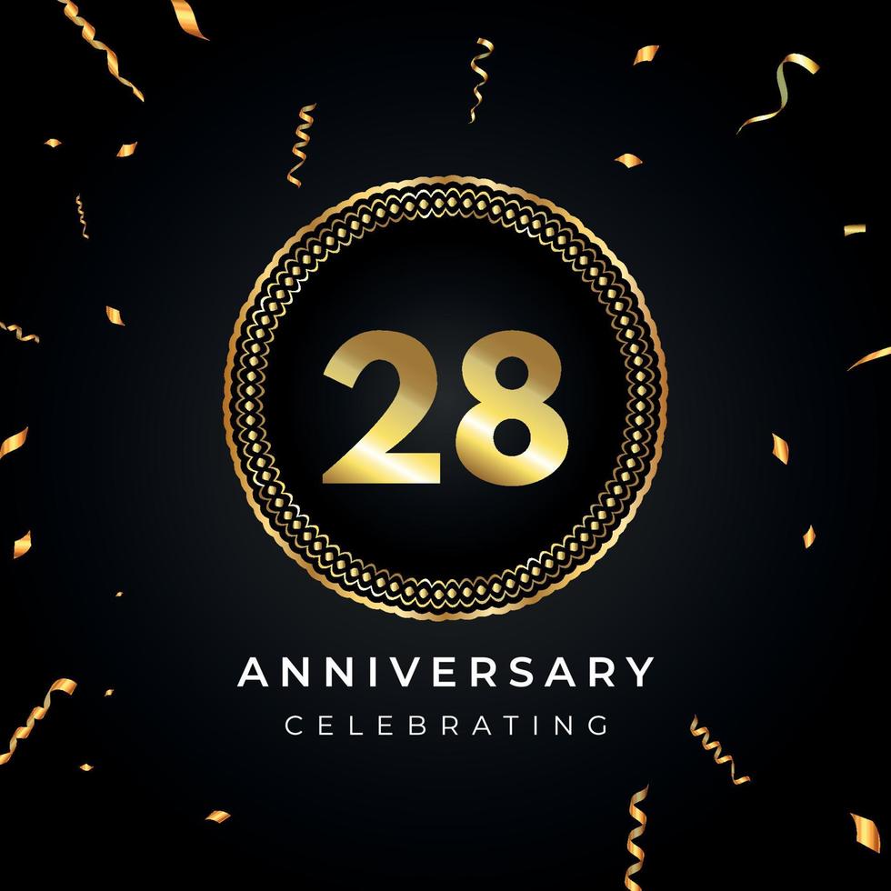 28 years anniversary celebration with circle frame and gold confetti isolated on black background. Vector design for greeting card, birthday party, wedding, event party. 28 years Anniversary logo.