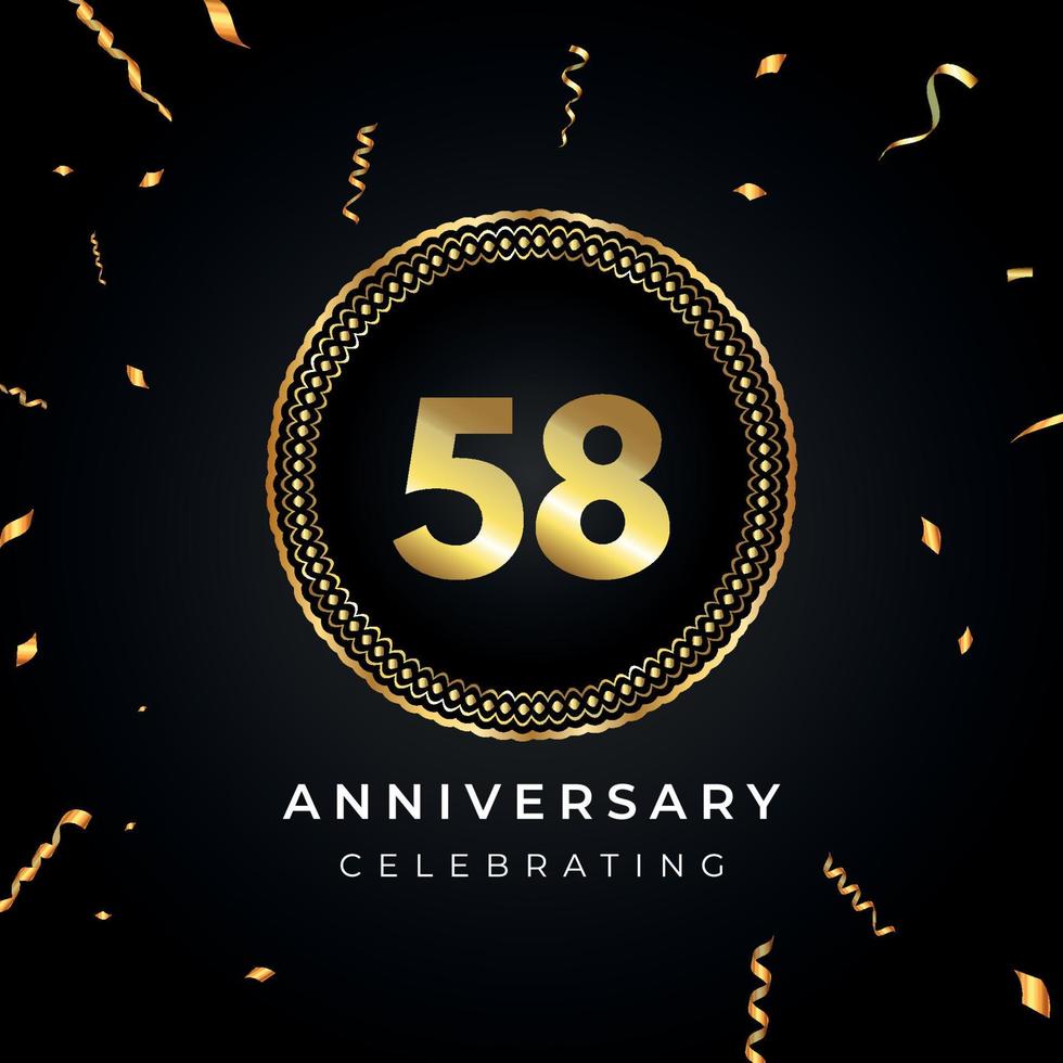 58 years anniversary celebration with circle frame and gold confetti isolated on black background. Vector design for greeting card, birthday party, wedding, event party. 58 years Anniversary logo.
