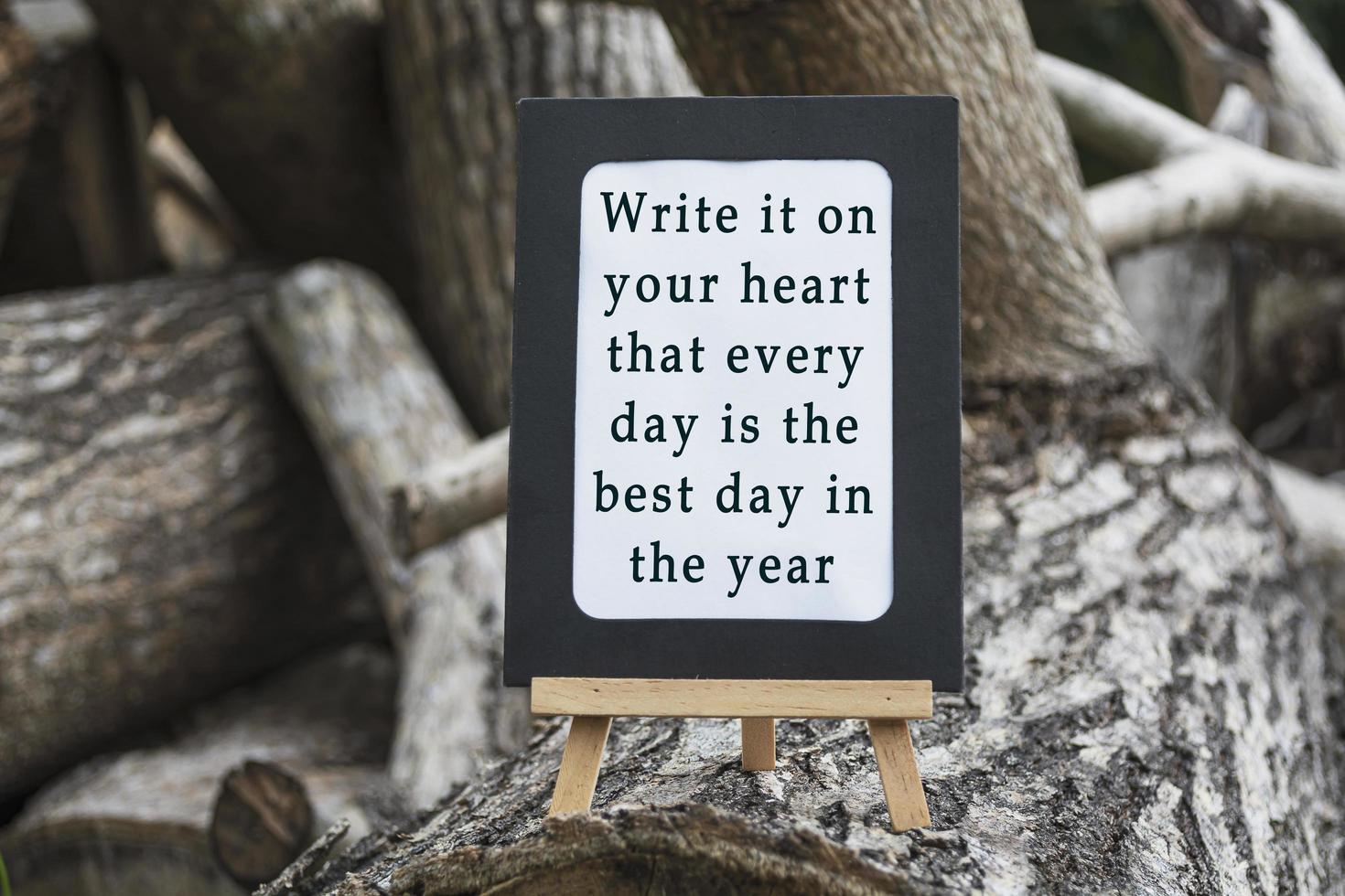 Motivational and inspirational quote on a chalkboard isolated on tree trunk. photo