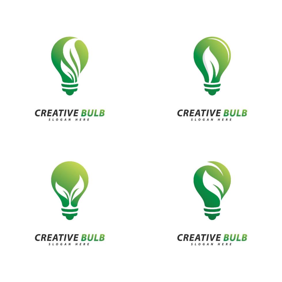 conjunto de bombilla con vector de logotipo de hoja. concepto de diseño de logotipo de energía ecológica creativa