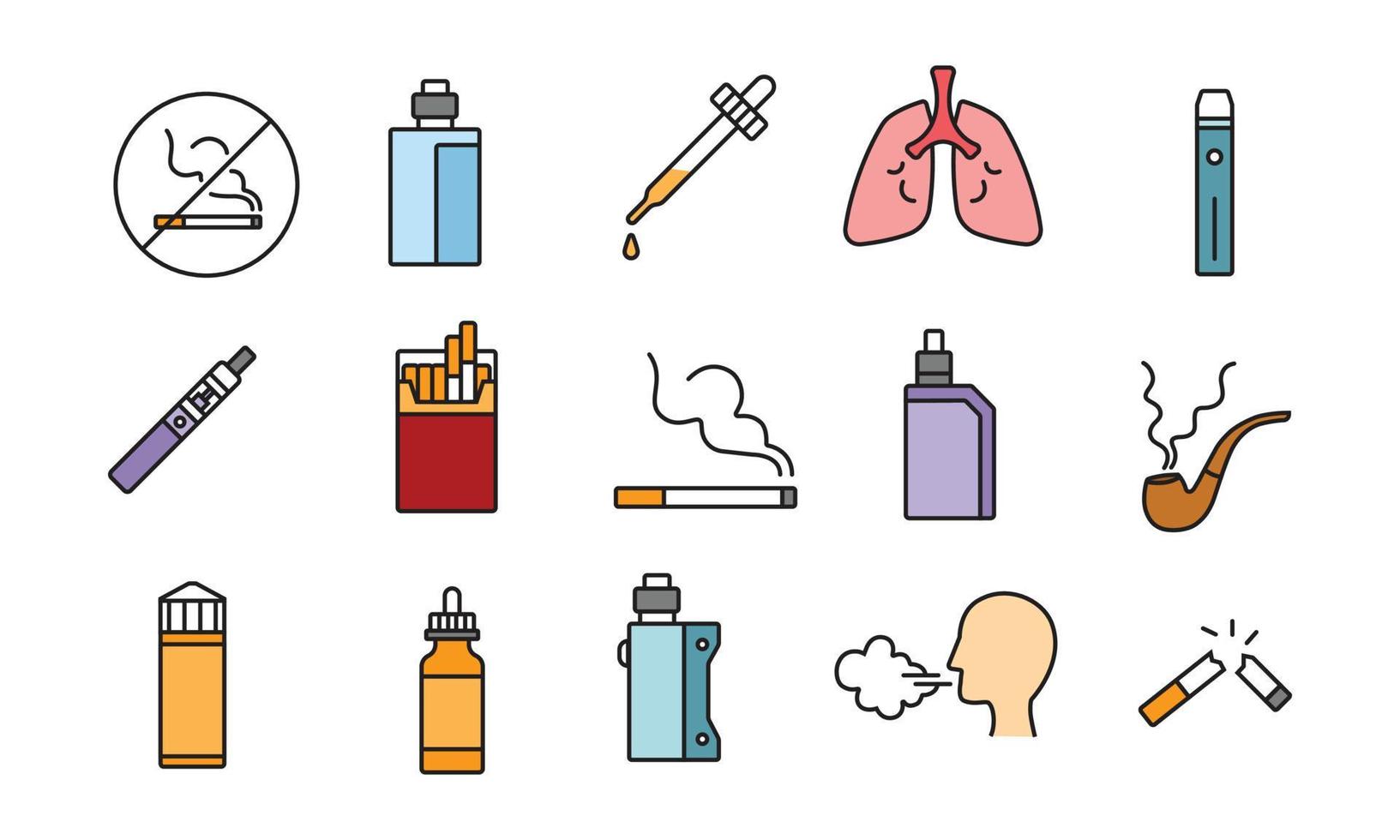 Set of smoking linear icons design. Collection of cigarettes, smoking devices, vape. Colorful and simple vector outline illustrations.