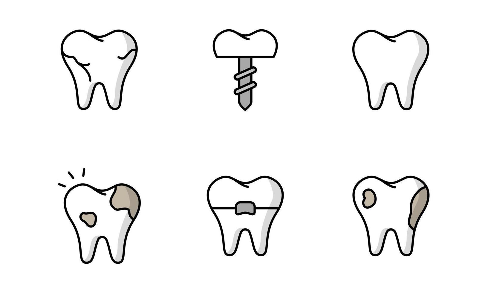 colección de diseños de iconos dentales. conjunto de dientes sanos, caries y dentaduras postizas vector