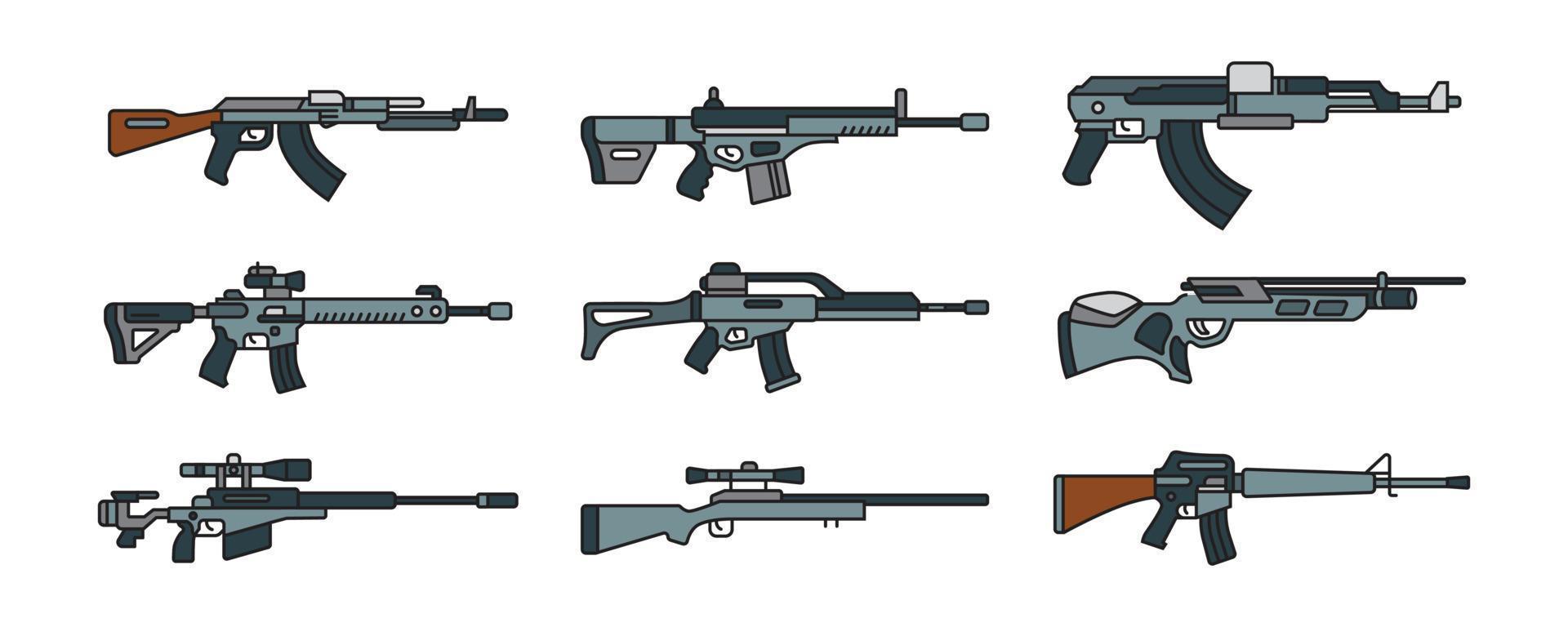 una colección de ilustraciones de armas de fuego de cañón largo. conjunto de armas militares en diseño vectorial vector