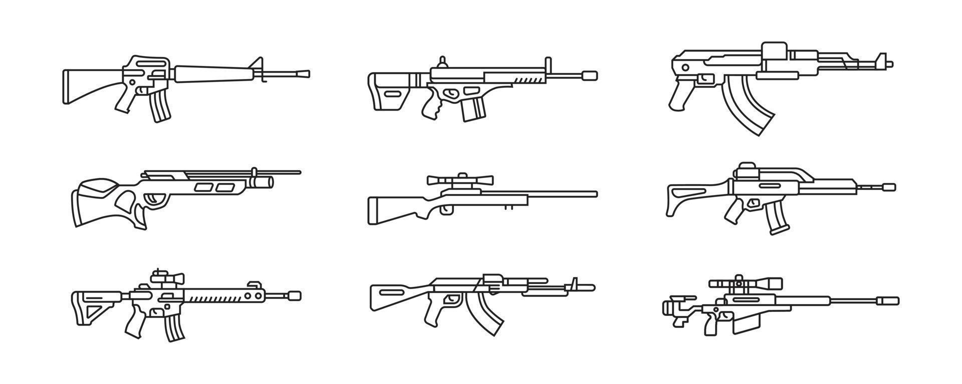 una colección de ilustraciones de armas de fuego de cañón largo. conjunto de armas militares en diseño vectorial vector
