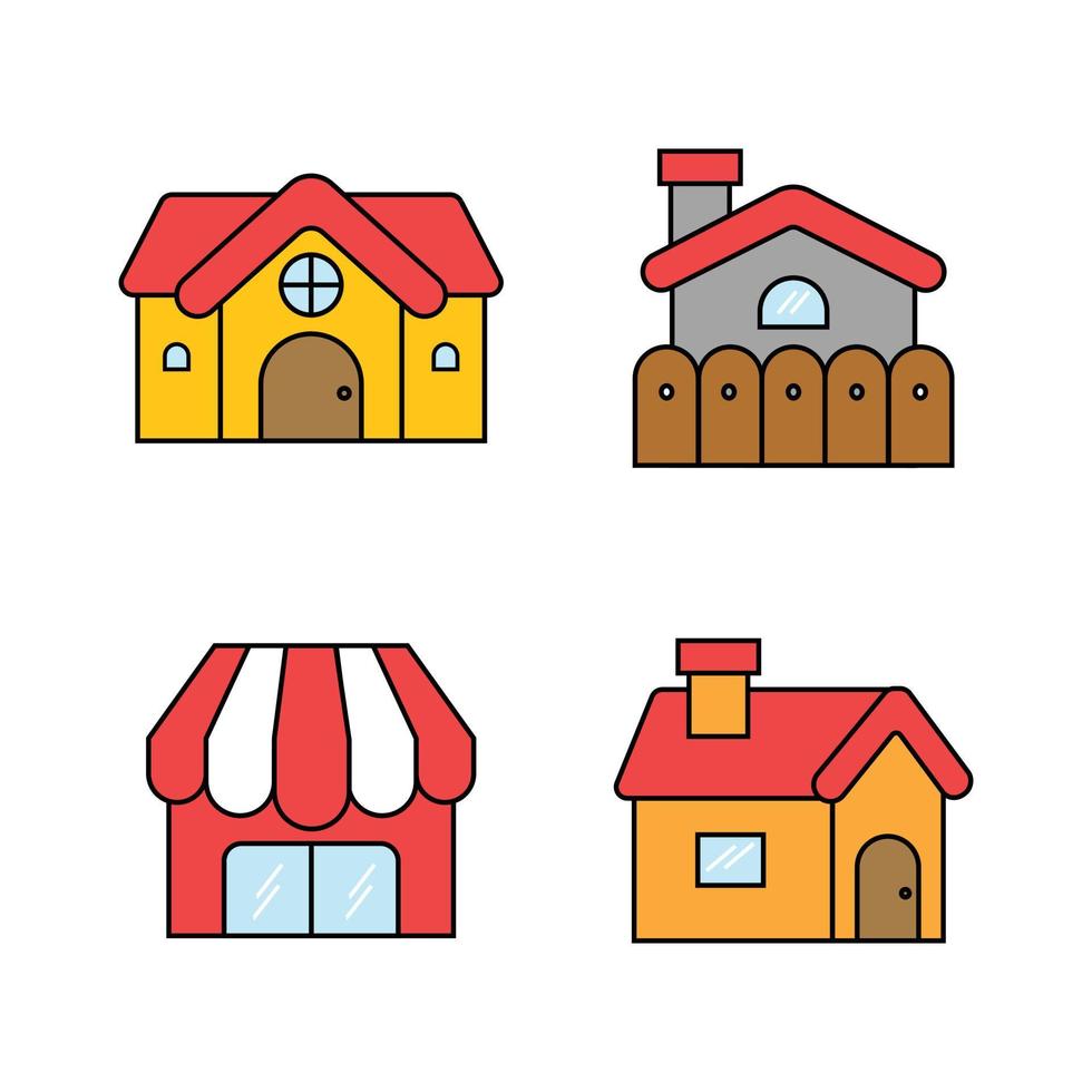conjunto de diseño plano de casa simple. lindo edificio con estilo de dibujos animados infantiles. vector
