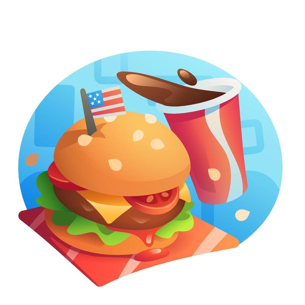 ilustración de una jugosa hamburguesa con cola. vector