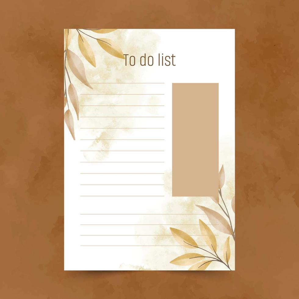 Set of to do list template with hand drawn  watercolor leaf illustration background vector