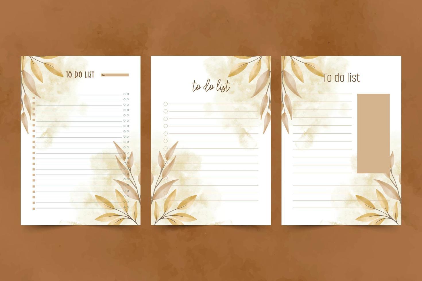 Set of to do list template with hand drawn  watercolor leaf illustration background vector