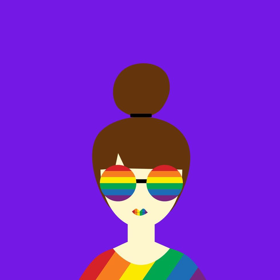 concepto transgénero lgbtq hermosa mujer con símbolo de color arco iris en labios, camiseta y gafas de sol. fondo del concepto de diseño lgbtq. concepto del mes del orgullo lgbtq vector