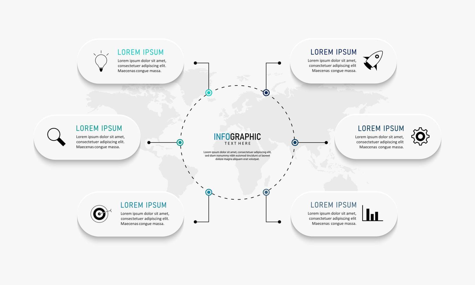 plantilla de diseño de etiquetas infográficas vectoriales con iconos y 6 opciones o pasos. se puede utilizar para diagramas de proceso, presentaciones, diseño de flujo de trabajo, banner, diagrama de flujo, gráfico de información. vector