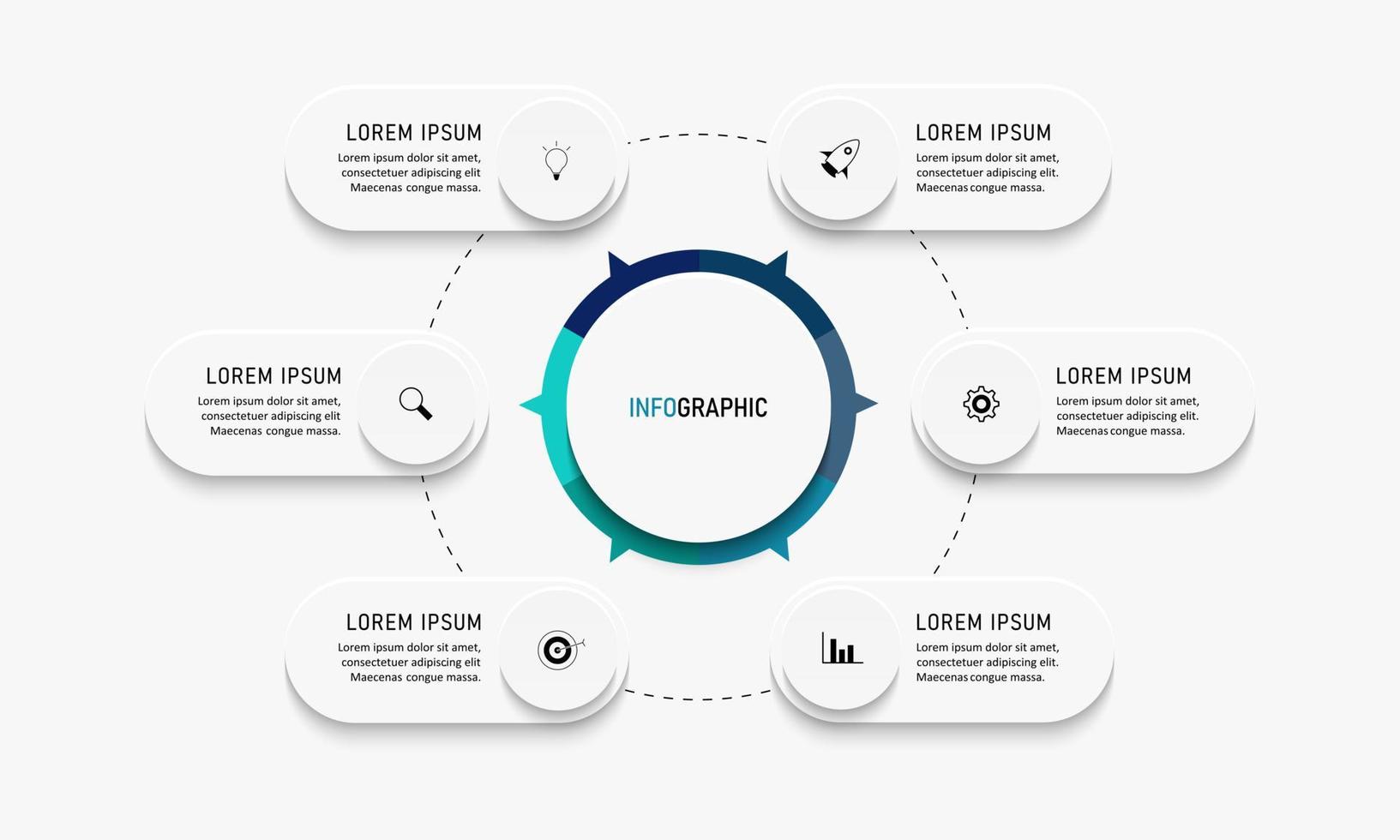 plantilla de diseño de etiquetas infográficas vectoriales con iconos y 6 opciones o pasos. se puede utilizar para diagramas de proceso, presentaciones, diseño de flujo de trabajo, banner, diagrama de flujo, gráfico de información. vector