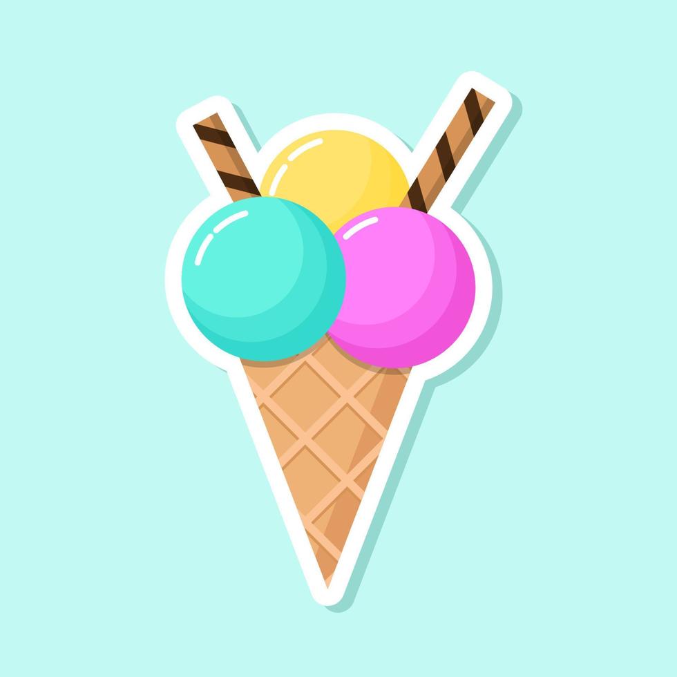 Ice cream vector sticker. Colorful cold dessert in cartoon style. Sweet summer food in the waffle cone