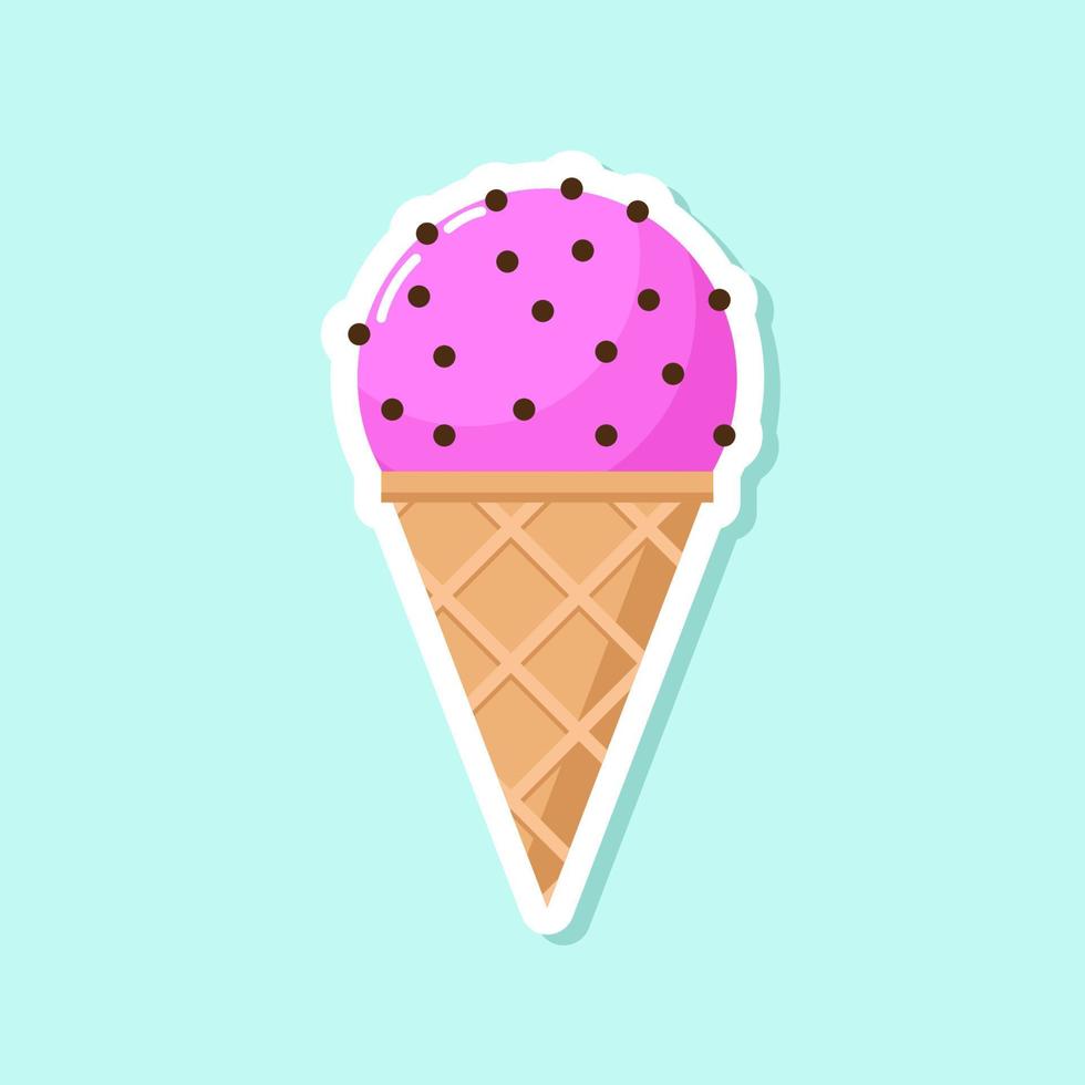 pegatina vectorial de helado sobre fondo claro. postre frío rosa con gotas de chocolate al estilo de las caricaturas. dulce comida de verano en el cono de gofre vector