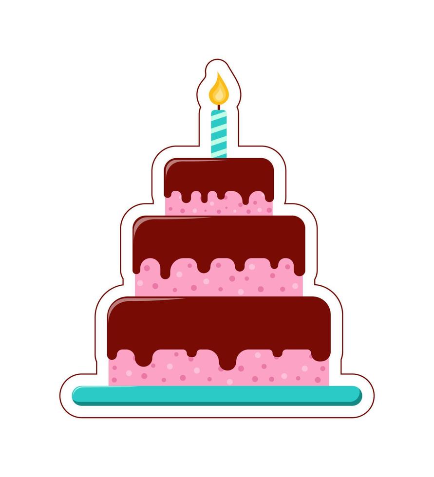 pegatina de pastel de cumpleaños vectorial. gran pastel con vela en un estilo plano con contorno cortado sobre fondo blanco. vector