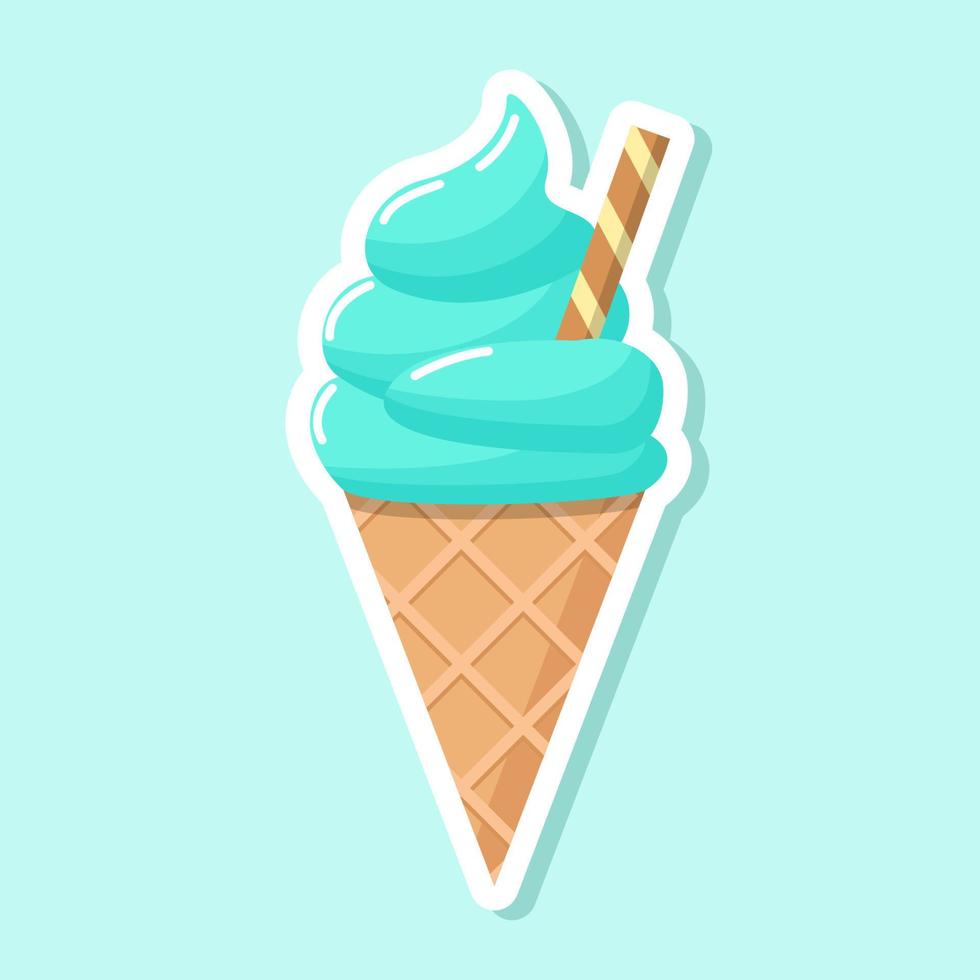 Ice cream vector sticker. Colorful cold dessert in cartoon style. Sweet summer food in the waffle cone