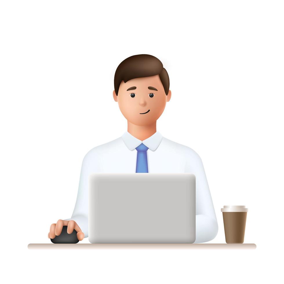 Businessman working on laptop computer and drinks cofee in office. 3d character Isolated on white background. Vector Illustration