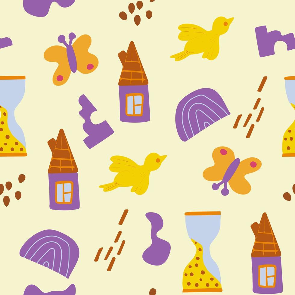 Abstract seamless pattern. hand-drawn wooden little houses and butterflies vector