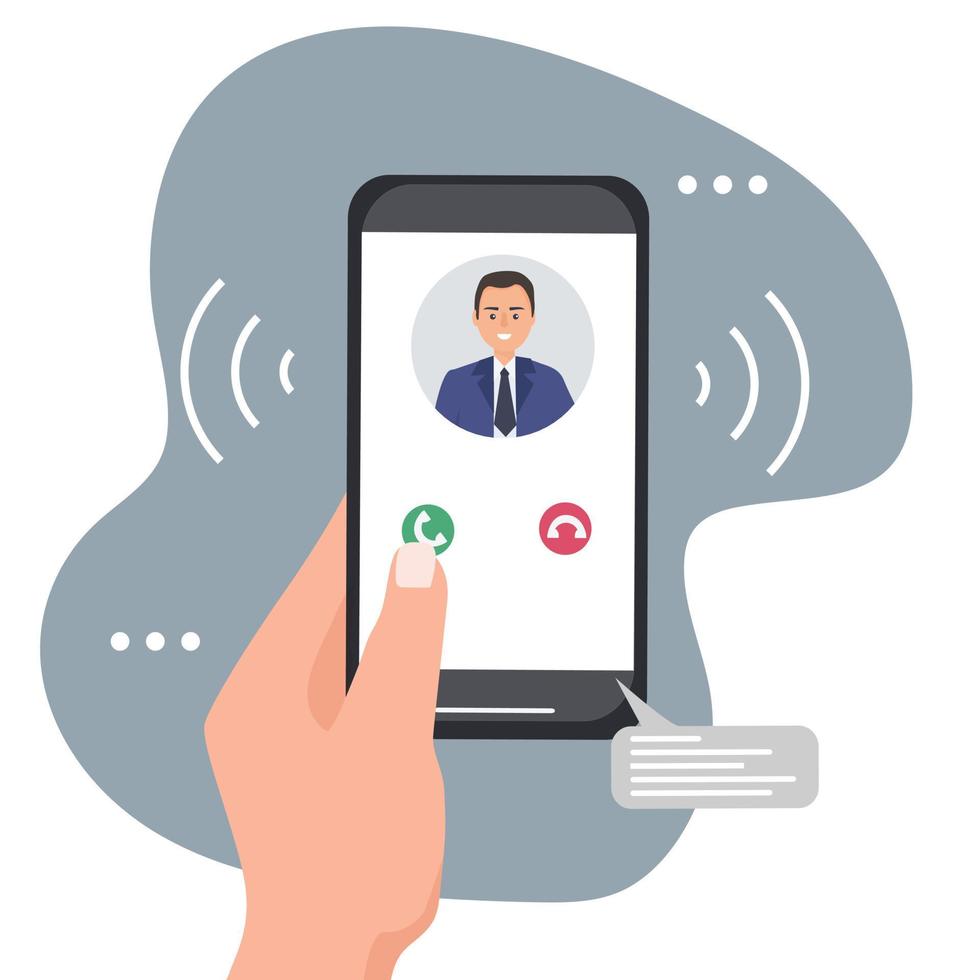 A hand holds a smartphone with an incoming call. Portrait of a person from contacts on the phone screen. Mobile applications vector
