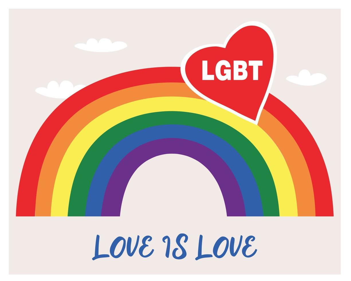 Vector illustration of LGBT community. Multicolored rainbow. Inscription - Love is Love. LGBTQ symbols and colors