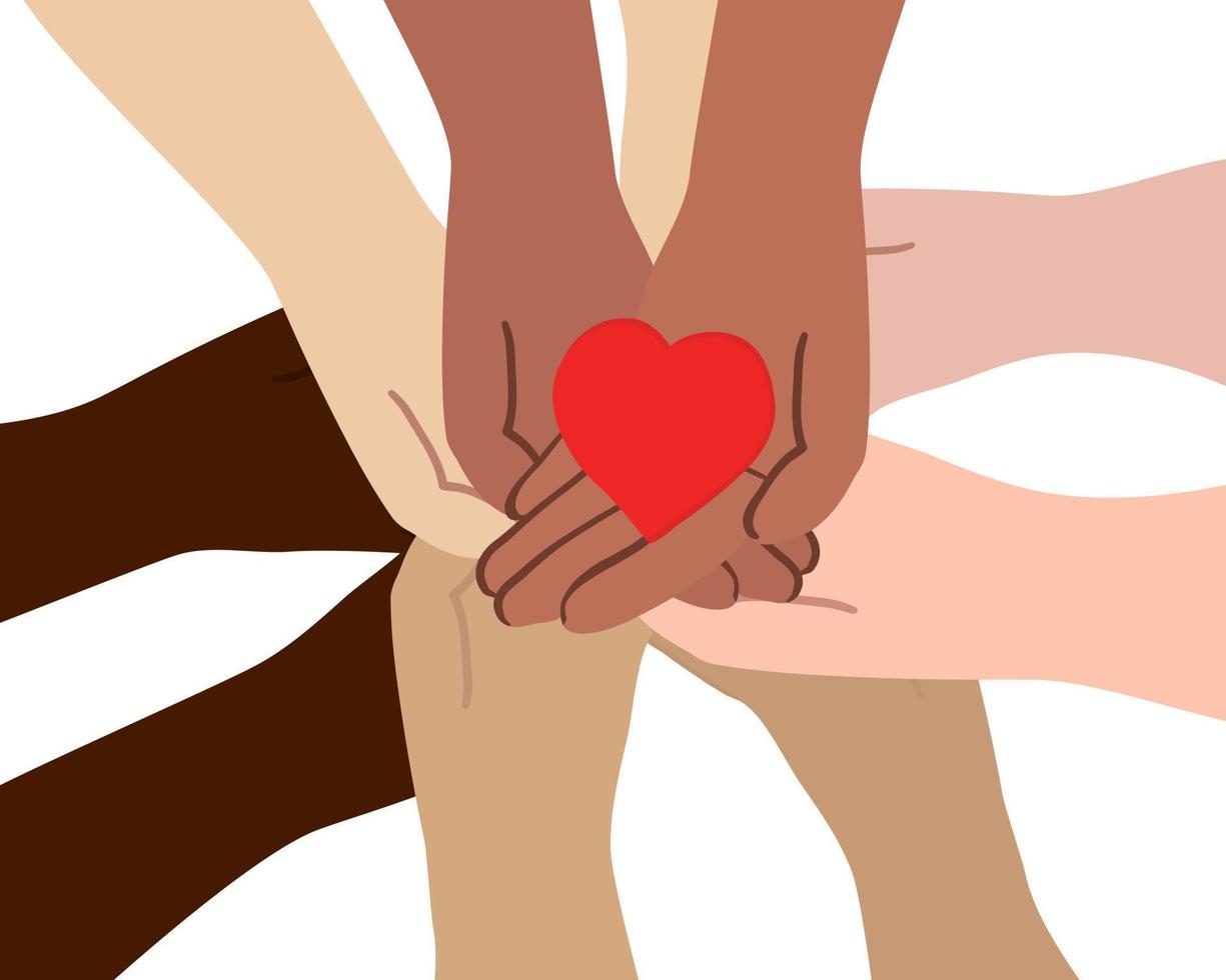 Hands with different skin colors holding a red heart. Friendship and love of nationalities, the concept of international community vector