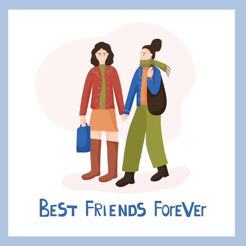 Best friends forever. Vector characters holding hands. Walking and shopping together. Street casual fashion