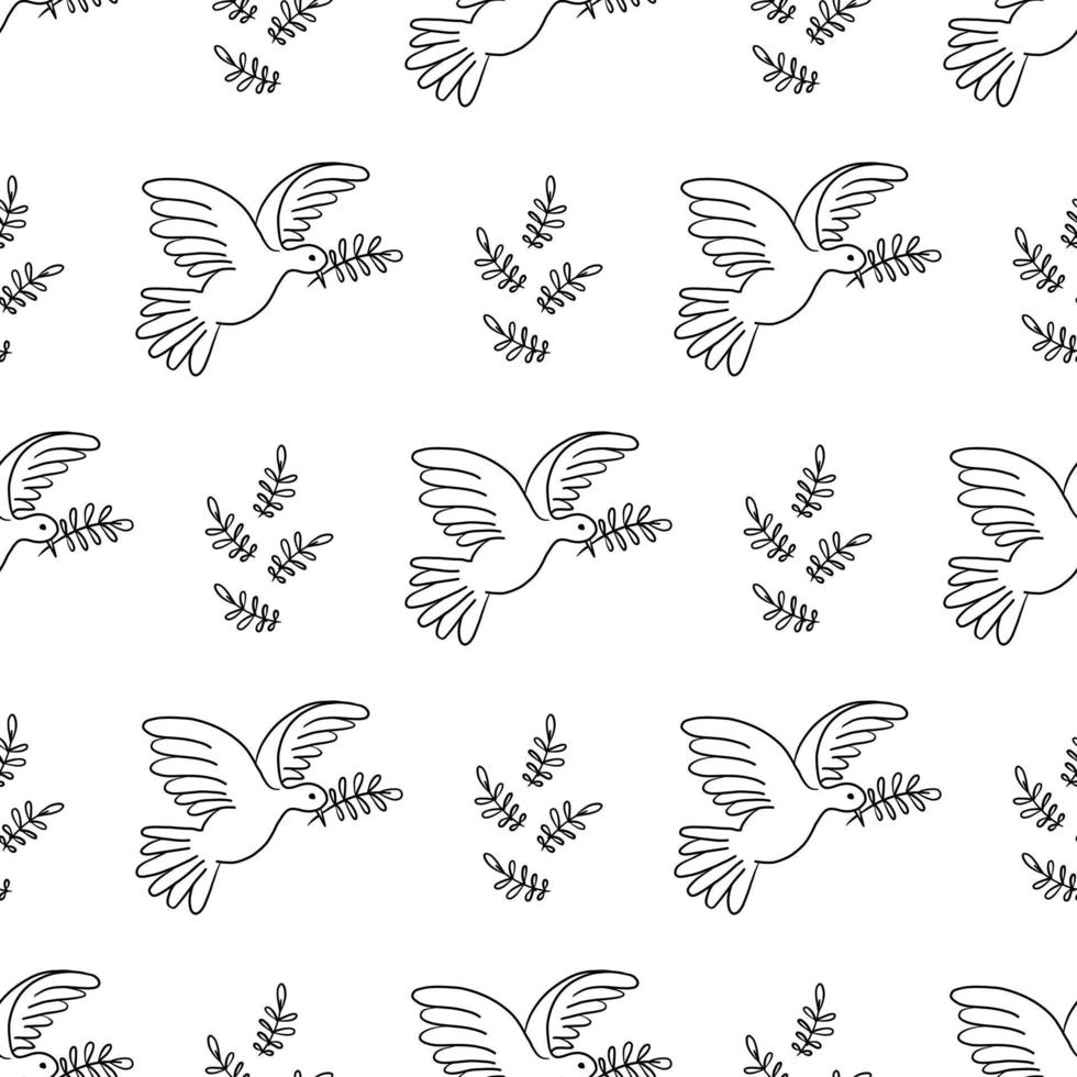 Seamless pattern with a dove and an olive branch. Pigeon a symbol of peace vector