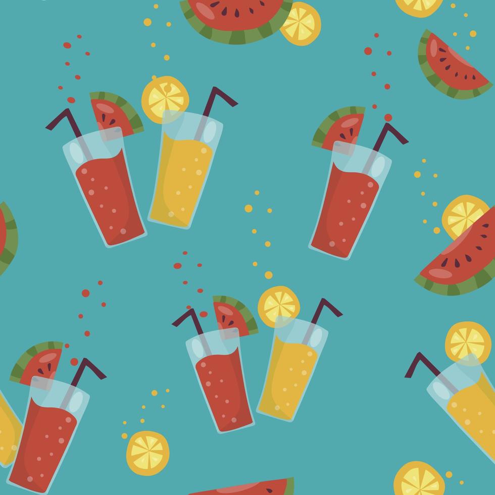 Summer Seamless Pattern. Watermelon and orange juice in a glass glass with pieces of fruit vector