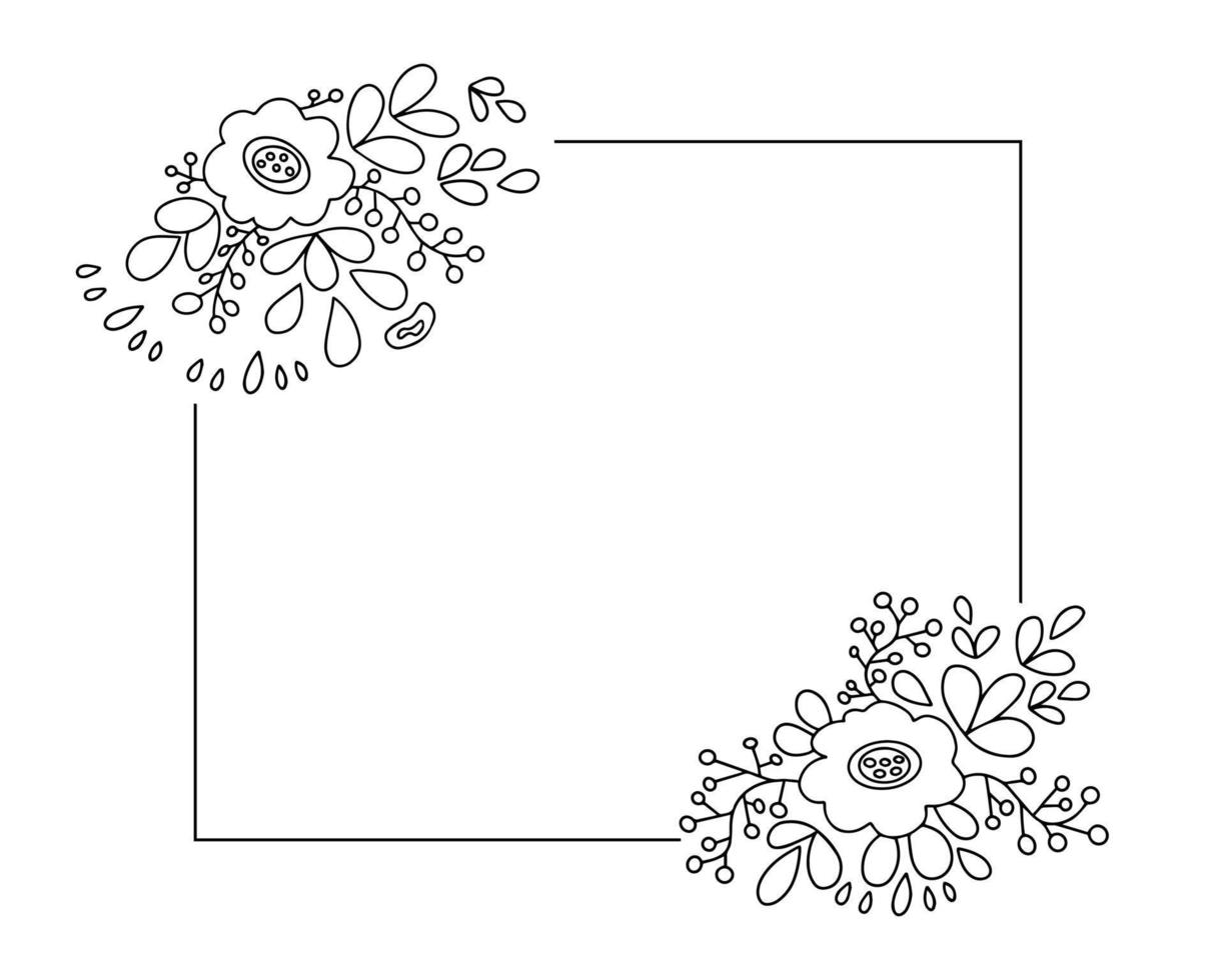 Frame with simple flower branches. Plant with wildflowers and leaves. Hand drawn line drawing vector