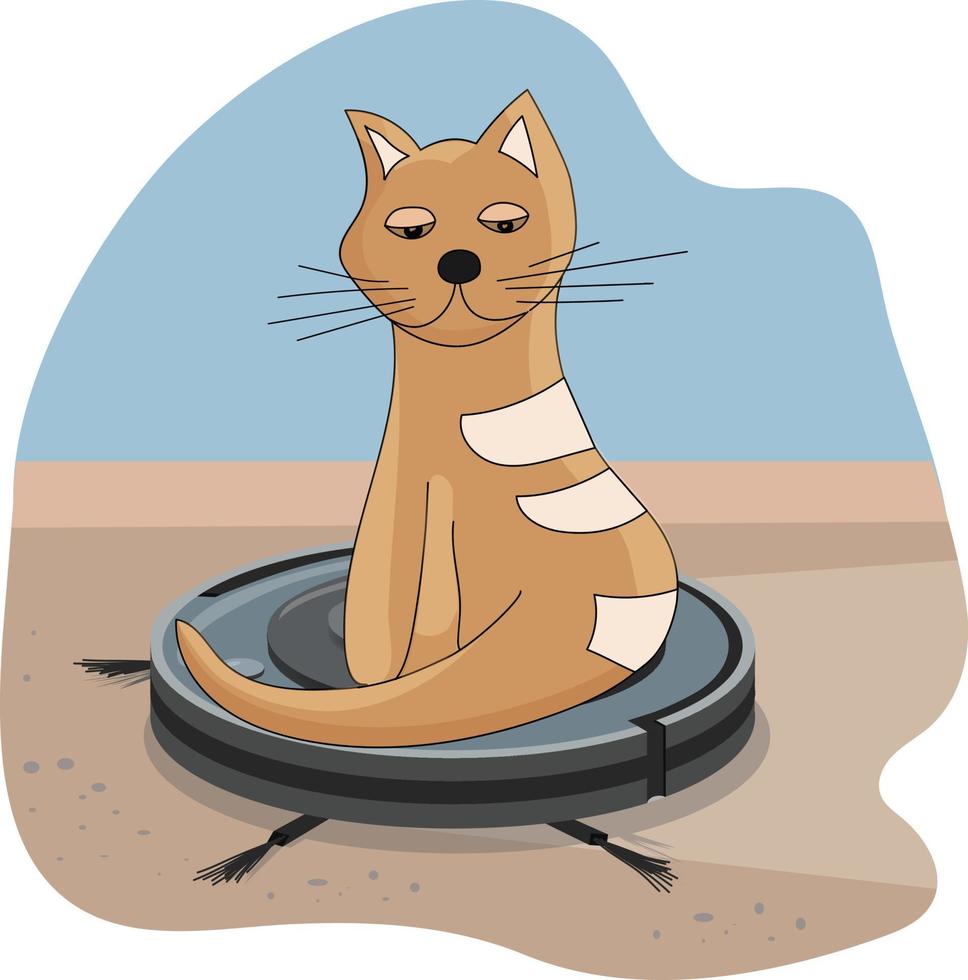 appliances for cleaning the apartment. Cat sitting on a working vacuum cleaner, and riding on it. Cleaning and home and favorite cute pets vector
