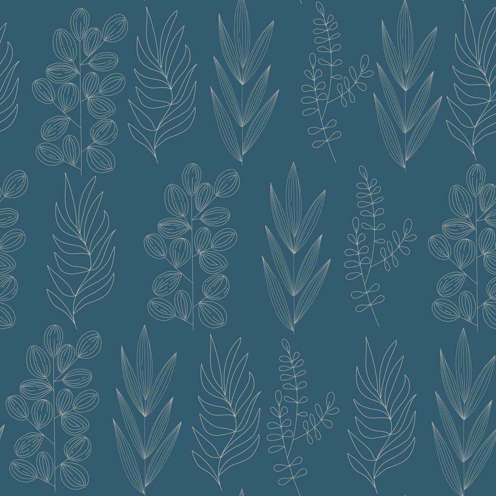 Seamless pattern of different types of field grasses and branches. Plant ornament from elements line ar vector