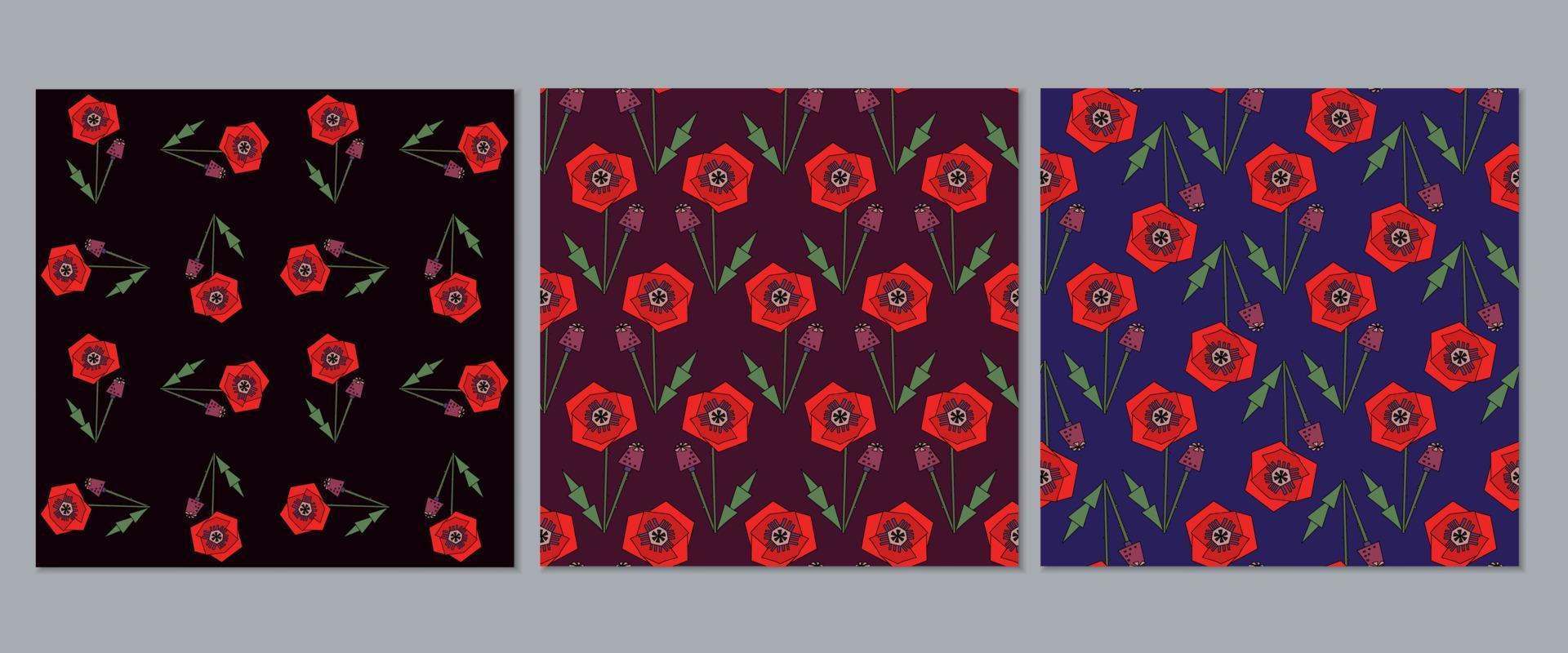 A set of botanical seamless patterns of their stylized poppies vector