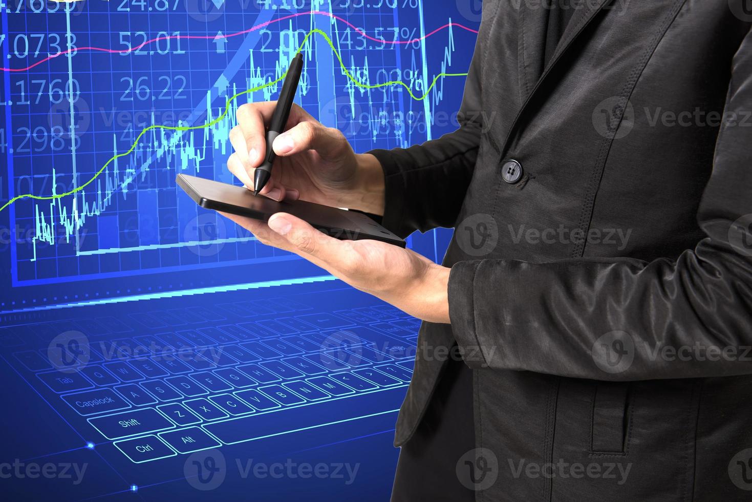 Digital online marketing Businessman using tablet and sales data graph growth analysis on modern interface icons about strategy. Solution analysis and content development. photo