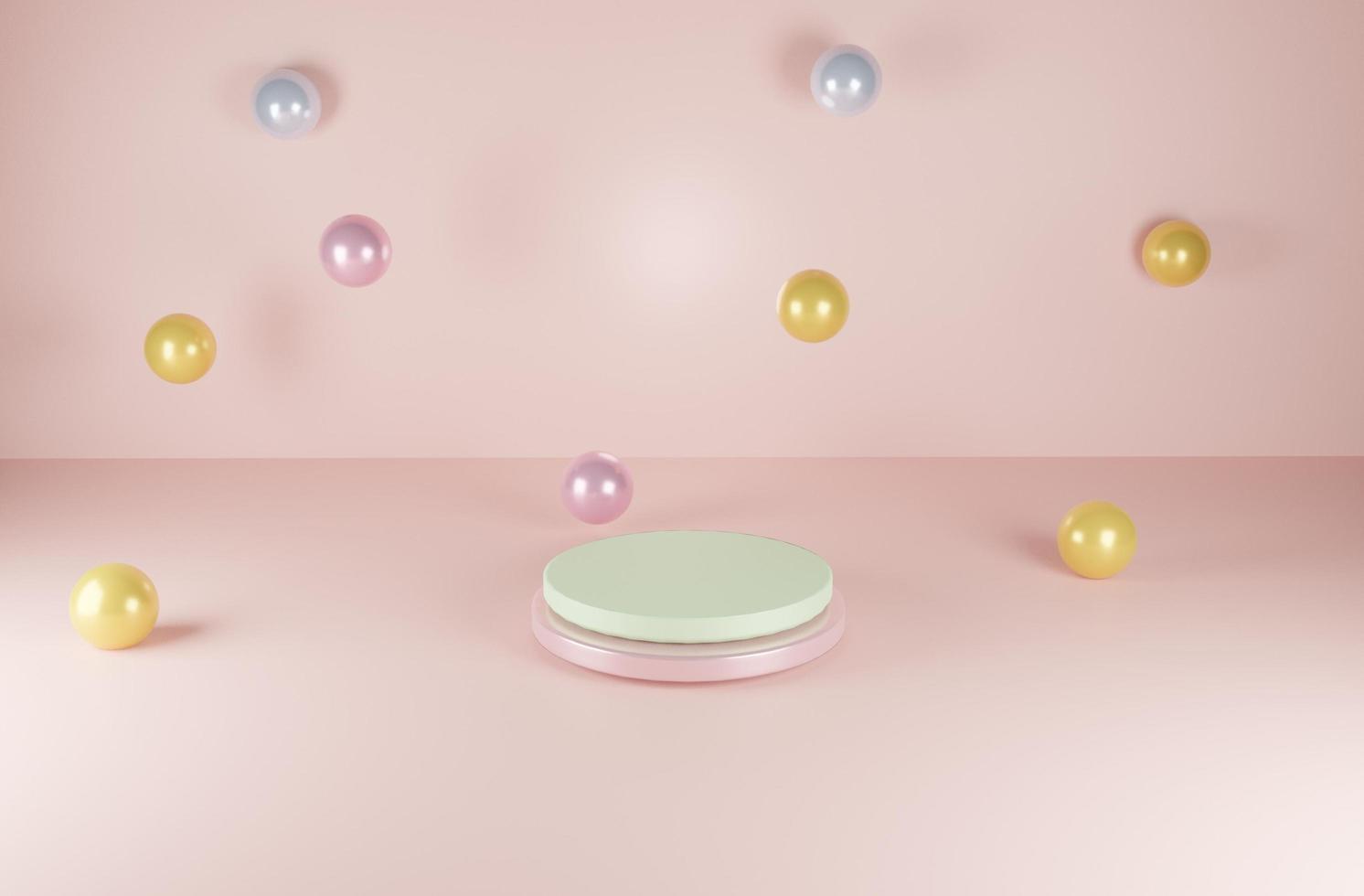 Minimal abstract scene with geometric patterns. Cylindrical podium in pink background with colorful balls. Product presentation, product, trade show, podium, podium or 3D podium. photo
