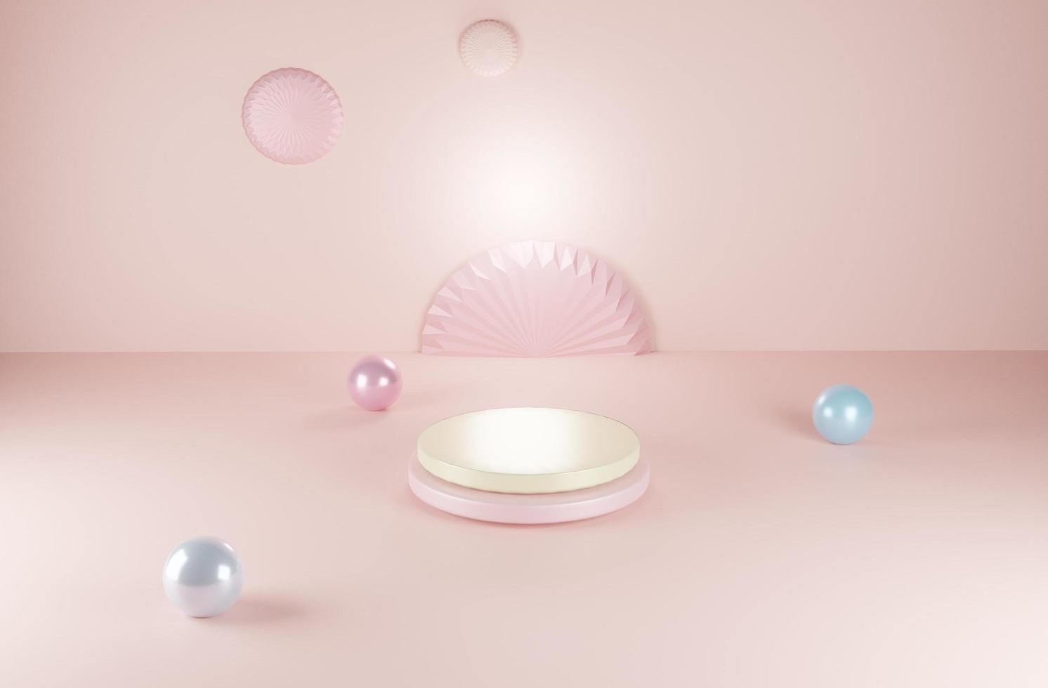 Minimal abstract scene with geometric patterns. Cylindrical podium in pink background with colorful balls. Product presentation, product, trade show, podium, podium or 3D podium. photo