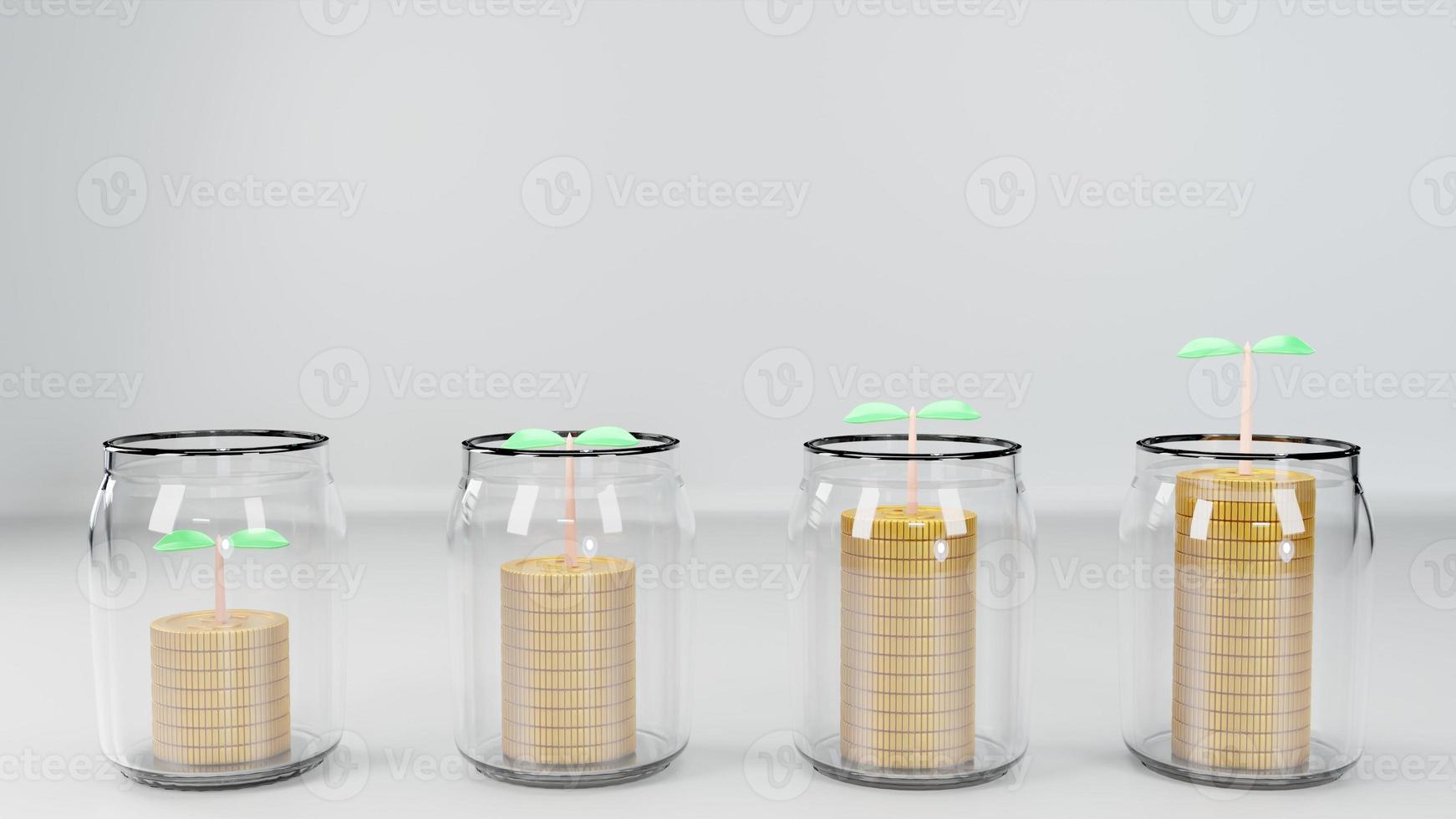 3d rendering concept of investing money on a glass bottle, a tree with coins growing from small to large on the background. 3d rendering. photo
