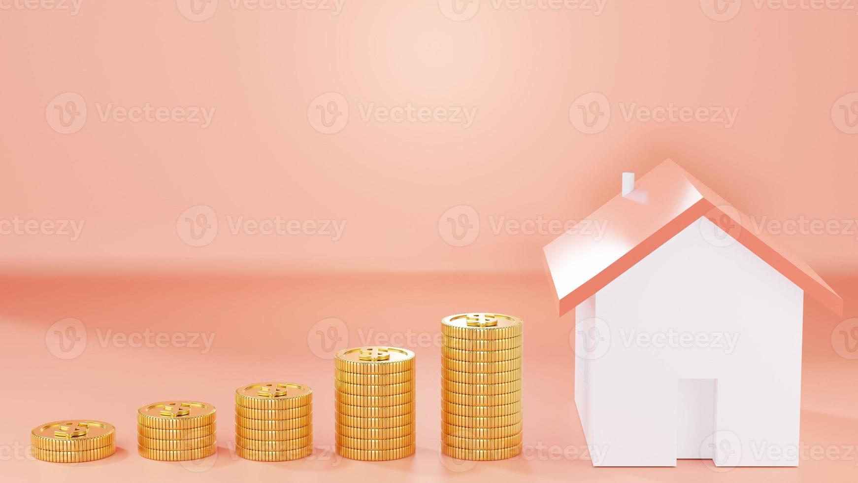 3d rendering concept of investing savings money buying a house with coins growing from small to large on background. 3d render. photo