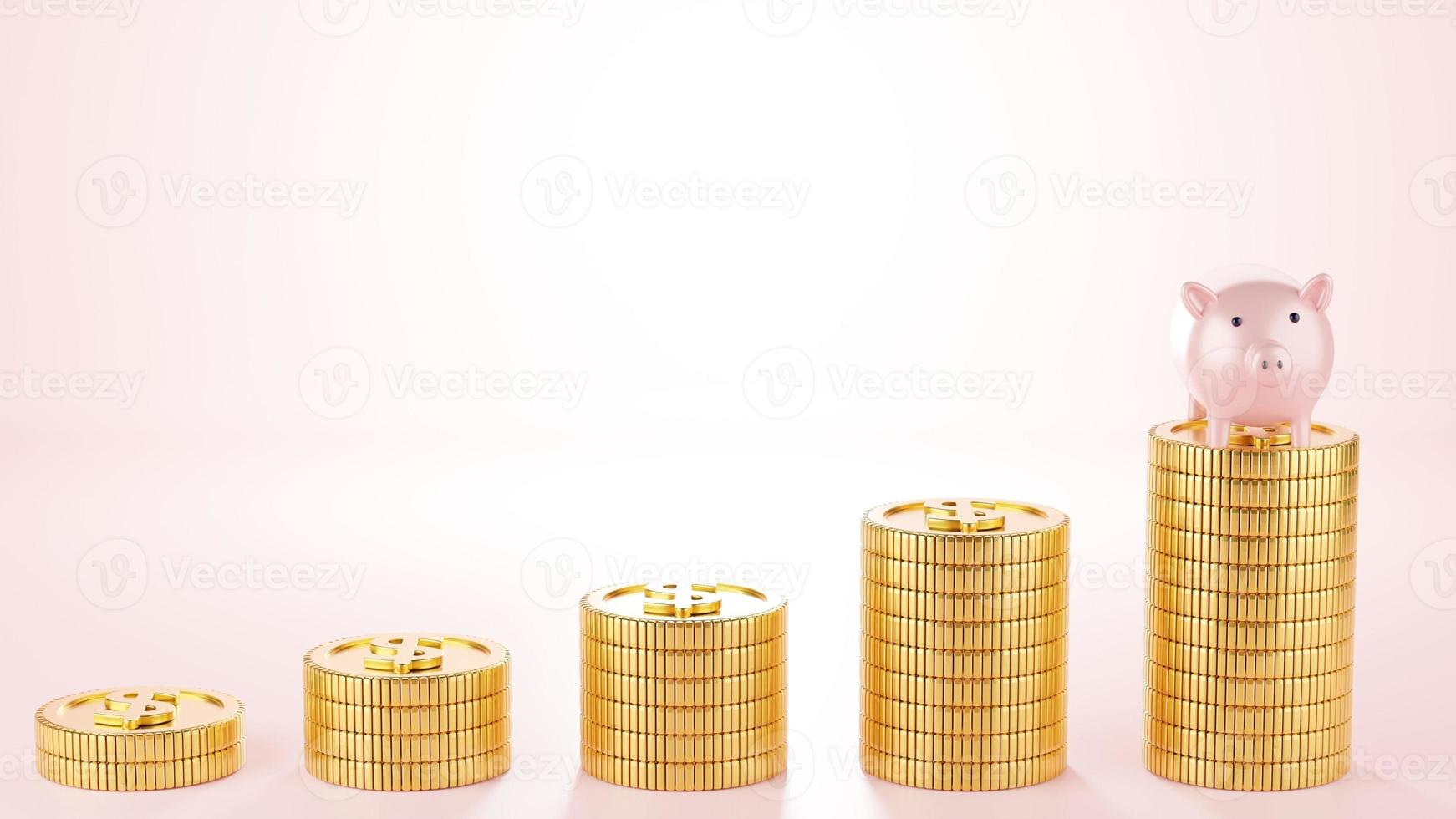 Gold coins grow like a business with a piggy bank. Saving money or opening a bank account is a smart idea. The 3D graphics have space for your words on a pink background. photo