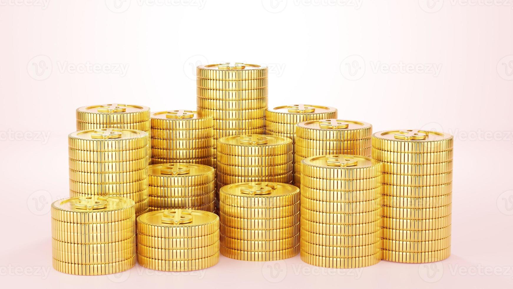 Gold Coins Growing Business Coins is a good idea to save money or open a bank account. on a pink background 3d picture photo