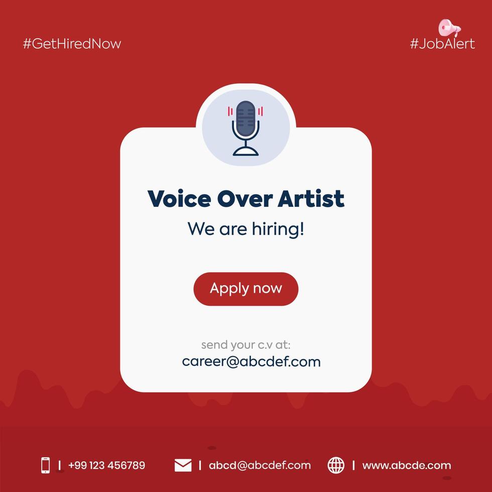 we are hiring. we are hiring voice over artist. voice over artist job vacancy announcement poster. pop up bubble with microphone symbols. vector