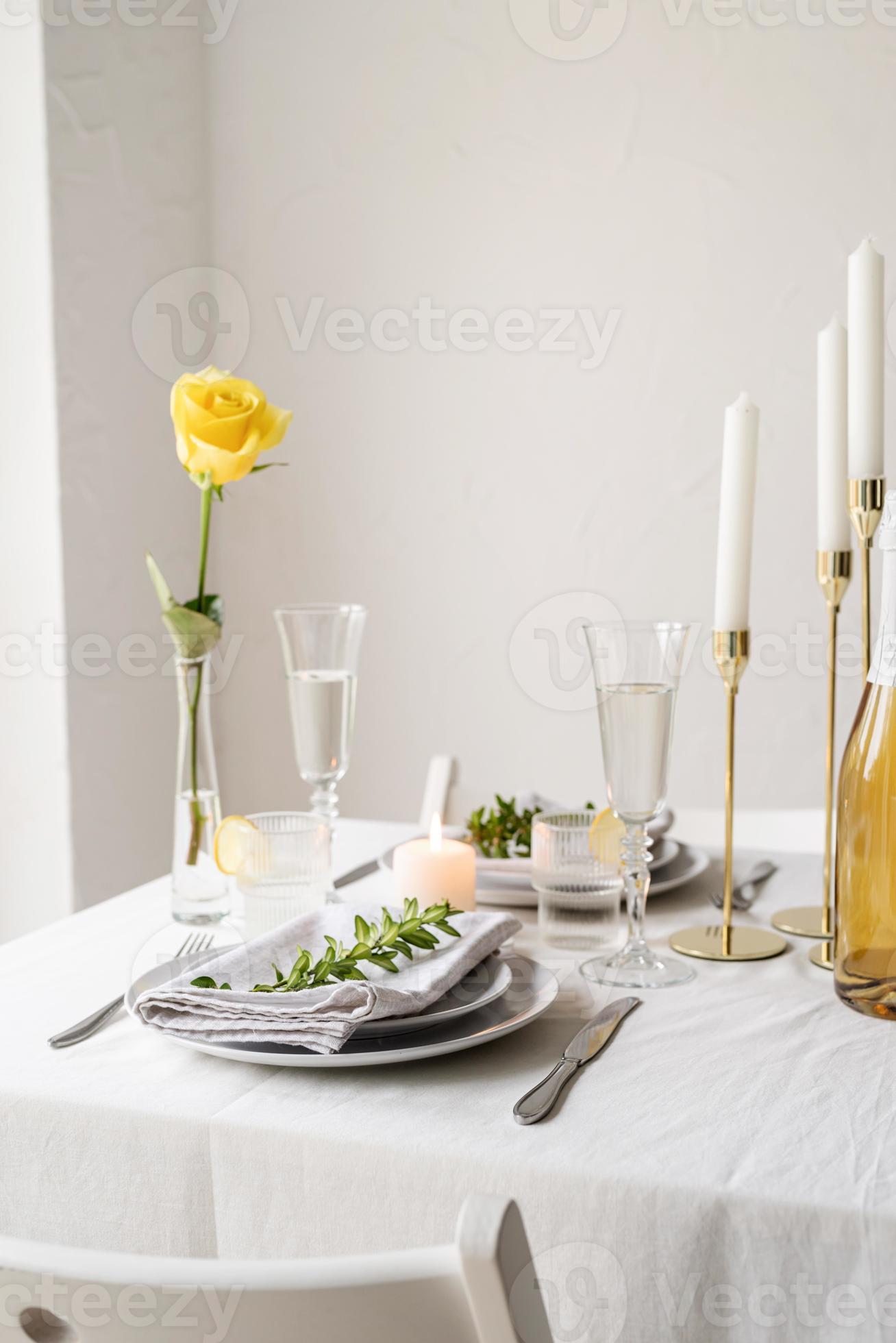 beautiful table setting for romantic dinner for two 7974774 Stock Photo